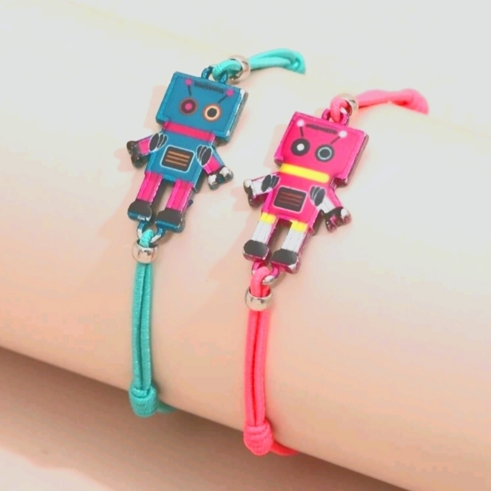 Kids Size Robot Friendship Bracelet Set - Pink, Green
